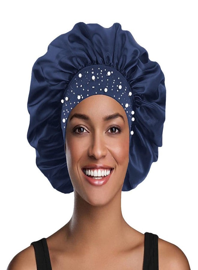 YeeMan Hair Bonnet Glittering Pearls and Rhinestones Satin Bonnet Wide Band Sleeping Cap (Navy Blue)
